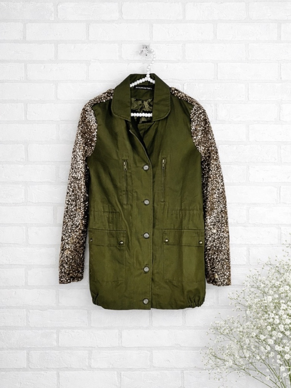 Faubourg du Temple Statement Green Utility Jacket with Sequin Sleeves Size S